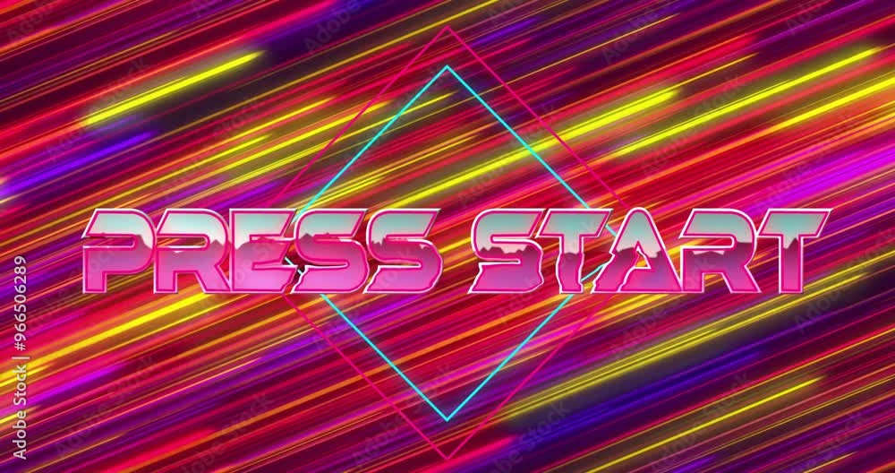 Poster animation of press start text over neon pattern background
