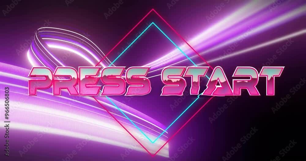 Poster animation of press start text over neon pattern background