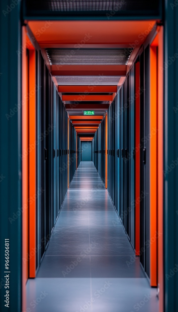 Poster modern data center corridor a perspective of cloud computing, technology, and server storage
