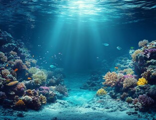 Fototapeta premium Underwater Scene - Tropical Seabed With Reef And Sunshine 
