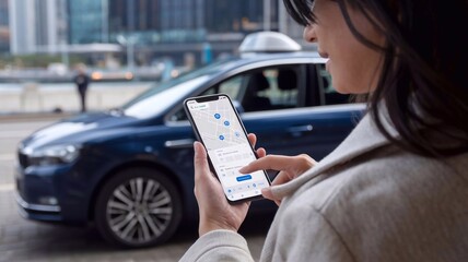 Online ordering taxi car, rent and sharing using service mobile application. Woman near smartphone screen with route and pointslocation on a city map on the car and urban landscape background.