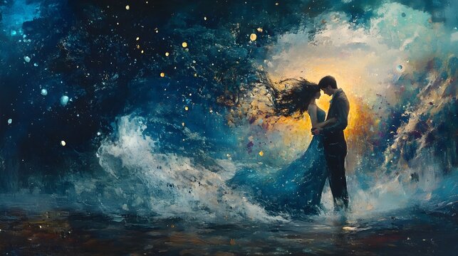 To love despite everything: a man and a woman stand in the wind against a dark cosmic landscape before kissing