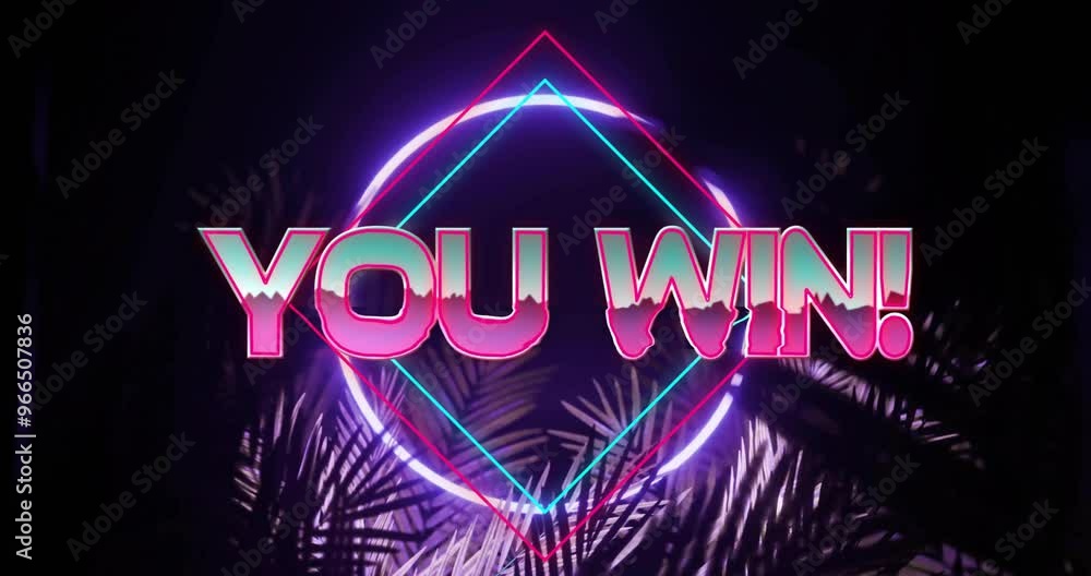 Poster Animation of you win text over neon pattern background