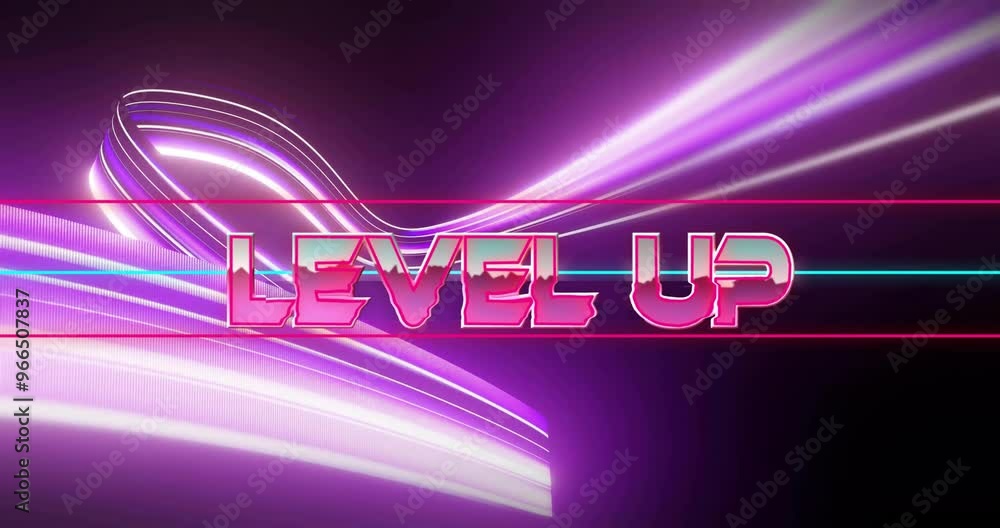 Poster Animation of level up text over neon pattern background