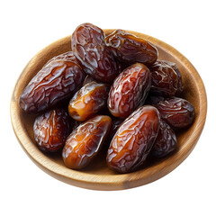 Dried dates on wooden bowl isolated on transparent background Generative Ai.