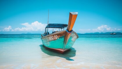 Traditional Longtail Boat Moored in Tranquil Turquoise Waters, Exotic Island Paradise, Thailand.