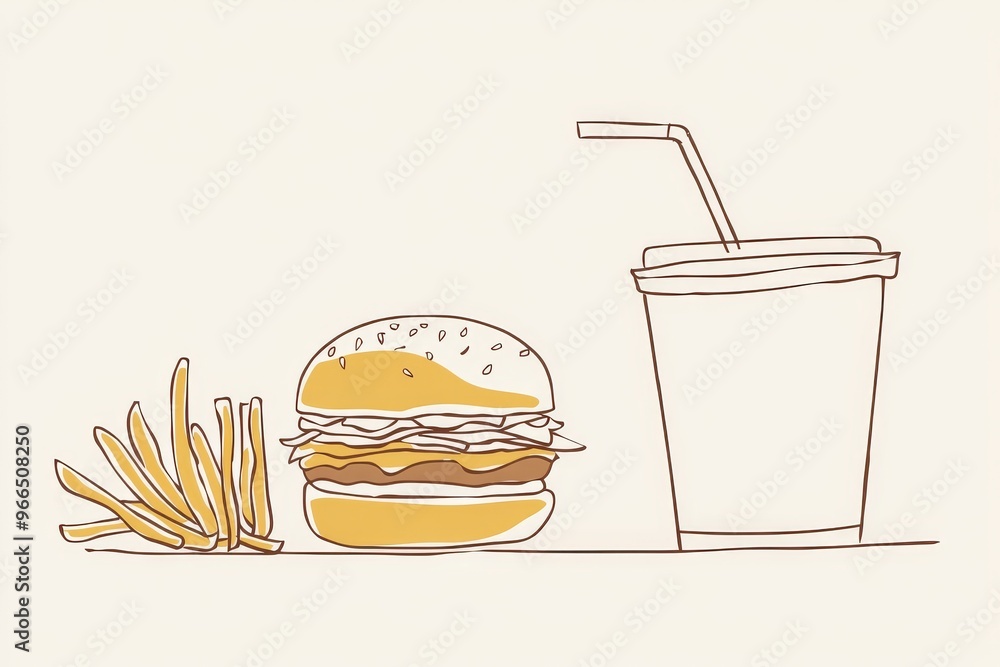 Wall mural takeout food in continuous line art drawing style. black linear sketch of fast food isolated on whit