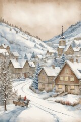 Festive Snow-Covered Mountain Village with Wooden Cabins and Pines &ndash; Holiday Card