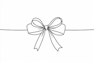 Drawing of gift ribbon bow in continuous line art style. Black linear sketch isolated on white background.