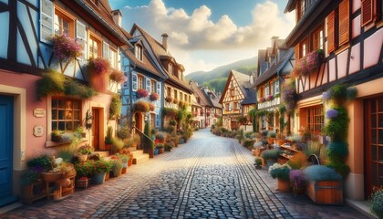 Fototapeta premium Picturesque European village with cobblestone streets, colorful houses, and blooming flower boxes