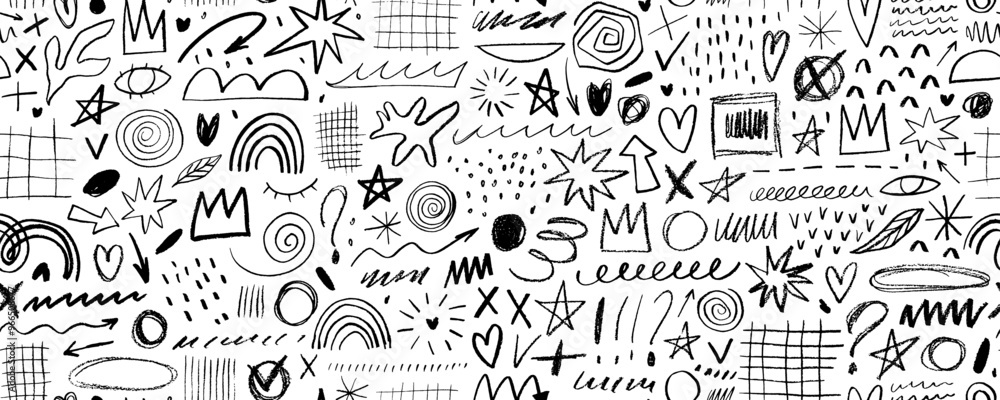 Poster childish pencil-drawn doodle seamless pattern with crowns, grids, stars, squiggles and random shapes