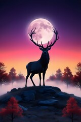 fantasy landscape featuring a majestic stag with big moon Ai Generative