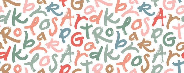 Vector typographic banner design in childish colors. Brush drawn colorful fun bold letters seamless pattern.