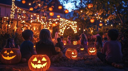 A lively group of kids enjoying spooky outdoor games at a Halloween event, surrounded by creative decorations, glowing jack o lanterns, and a haunting atmosphere filled 