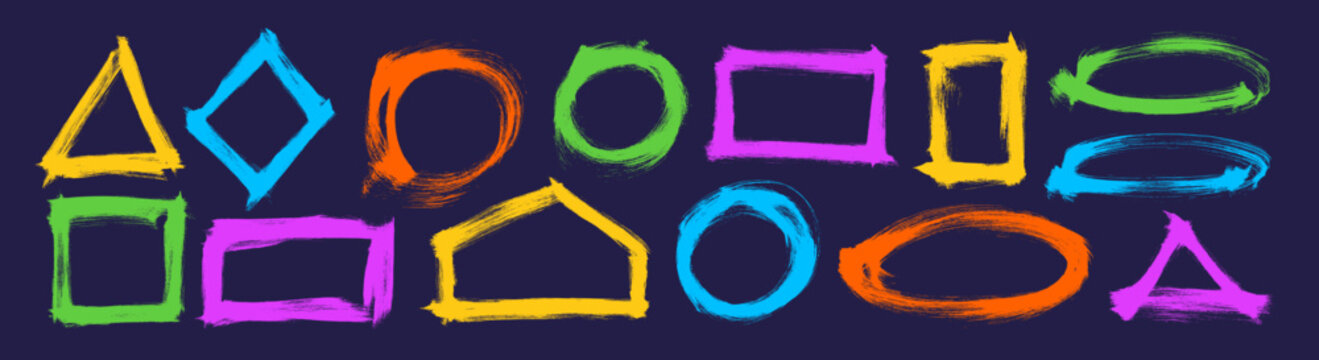 Collection of colorful brush drawn grunge geometric frames. Various basic geometric shapes and forms in childish style.