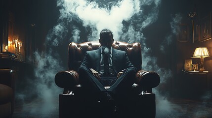 A man in a suit sits in a leather armchair surrounded by smoke.