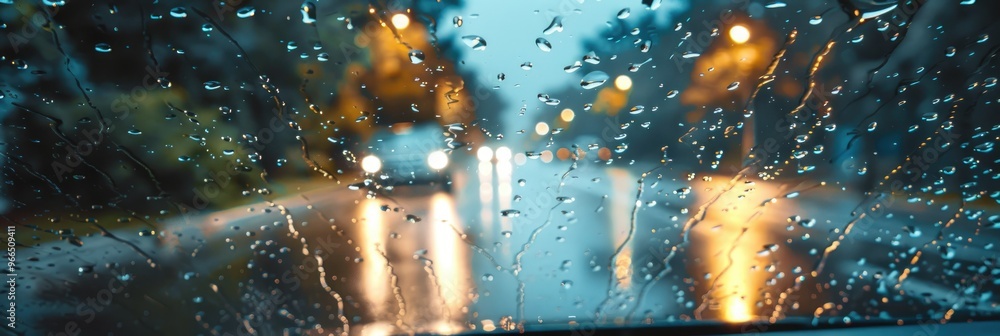 Poster raindrop on a vehicle window with a blurred backdrop of a damp roadway in rainy conditions.