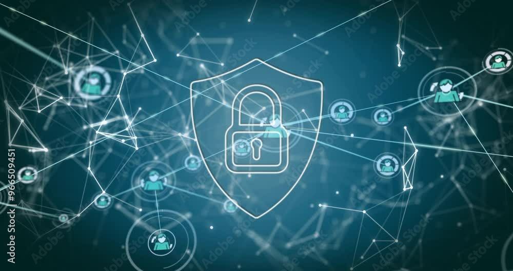 Poster animation of padlock and shield over network of connections with icons