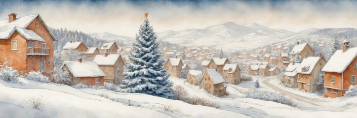 Fototapeta premium Picturesque Snowy Village with Wooden Houses and a Beautifully Lit Christmas Tree – Holiday Banner Landscape for Wintertime Celebrations