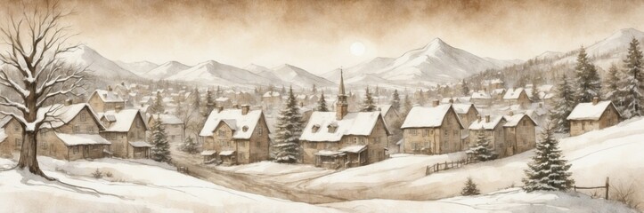 Traditional Snowy Mountain Village with Wood Houses and Pine Trees – Holiday Greeting Card in sepia tones