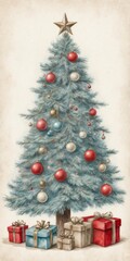 Vintage Christmas card with a Christmas tree