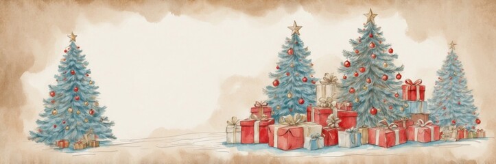 Vintage Christmas banner background with Christmas trees and gifts