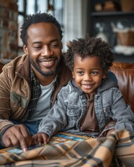 A father and son sitting on the living room floor, with a board game