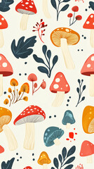 Colorful Mushrooms and Leaves Pattern Illustration