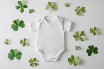 White baby onesie surrounded by green paper clovers on a white background, st Patricks day themed baby announcement concept 