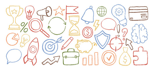 Collection of hand drawn chalk business shapes in doodle line art style. Concept of marketing, finance, success. Vector ink illustration with pastel or chalk drawn rough texture. Dry paint sketch.	