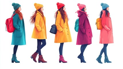 Fototapeta premium Women in Colorful Coats and Beanies with Backpacks Walking Side by Side