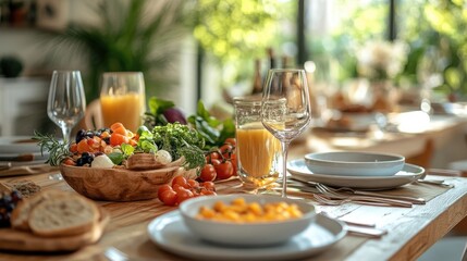 Sunny Breakfast Table with Fresh Vegetables, Fruit, and Glasses of Juice on a Wooden Table