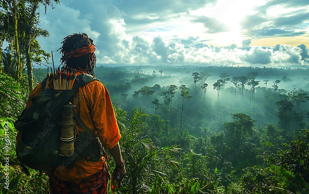 Wall mural A man with a backpack and arrows stands on a mountain overlooking a lush green rainforest with a cloudy sky above.