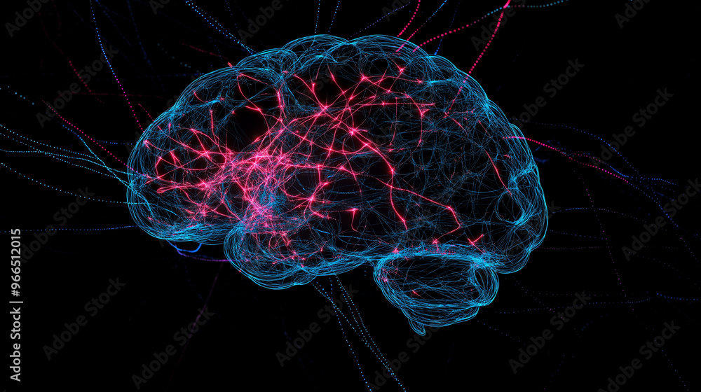 Poster an intricate visualization of a child's brain, with colorful neural connections glowing and forming 