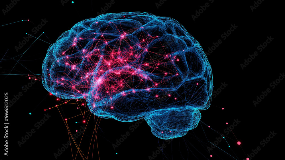 Poster an intricate visualization of a child's brain, with colorful neural connections glowing and forming 