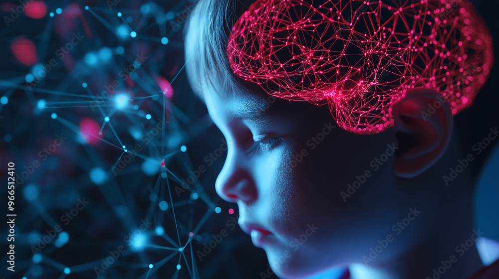 Poster a visualization of a childâs head with neural connections visible and dynamically interacting, sym