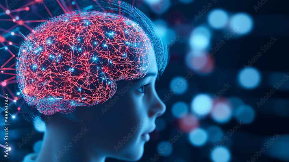 Poster a conceptual image of a childâs brain with bright, interconnected neural pathways, emphasizing the