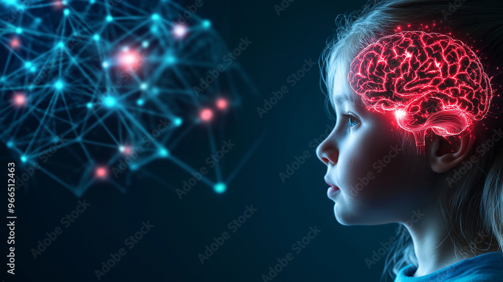 Poster an illustration of a child's brain with a network of glowing neural connections, each one symbolizin