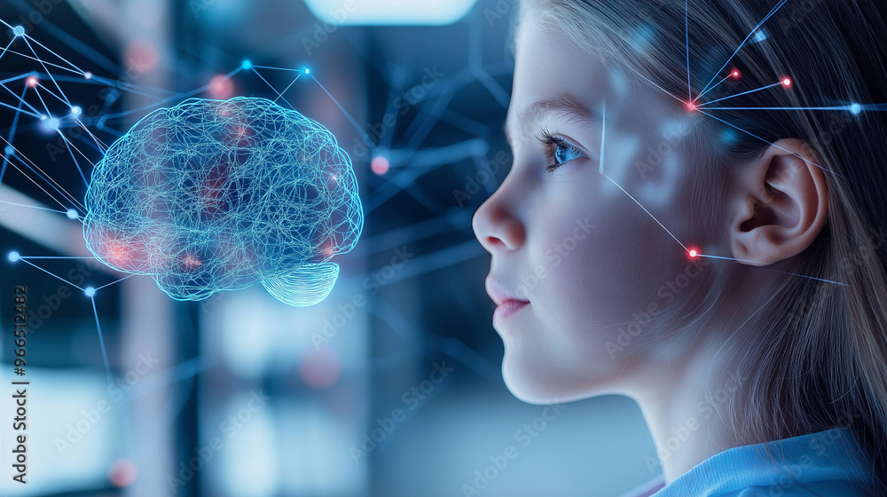Poster an illustration of a child's brain with a network of glowing neural connections, each one symbolizin