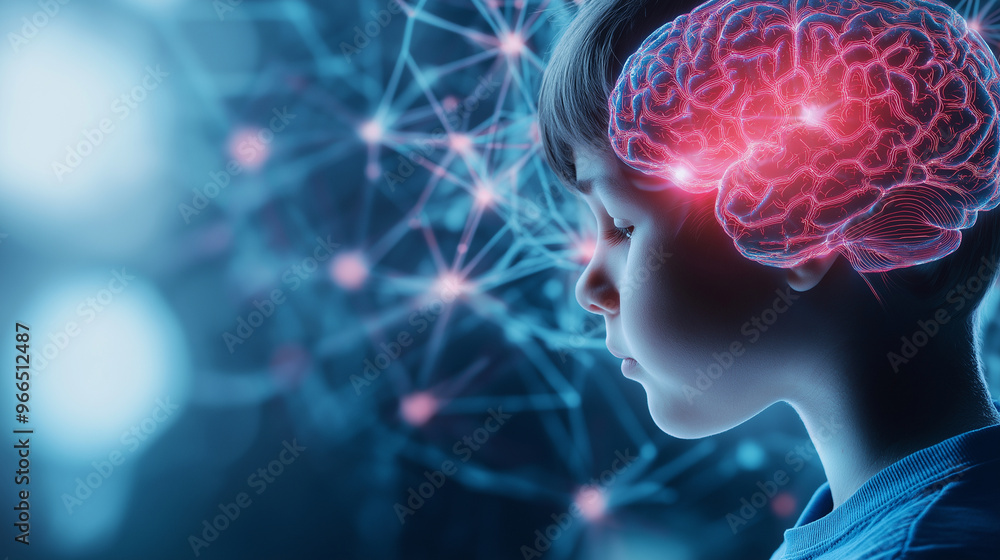 Poster an illustration of a child's brain with a network of glowing neural connections, each one symbolizin