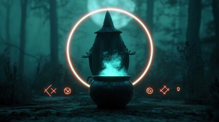 Witchcraft and Magic  Neon Circle and Cauldron in the Forest