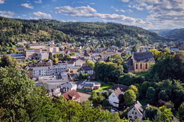 panoramic view of the eifel town of Schleiden with the 16th century castle church in late september...