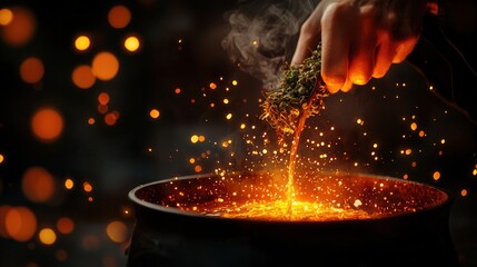 Magic Potion Brewing in Cauldron with Sparks and Smoke