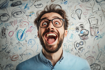 A joyful man expresses excitement against a dynamic backdrop of colorful scribbles and sketches in a creative workspace