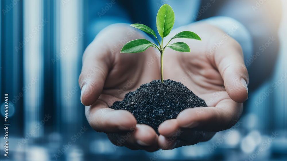 Poster hands cupping a tiny tree sprouting from a zero symbol, representing net zero emissions, with a clea