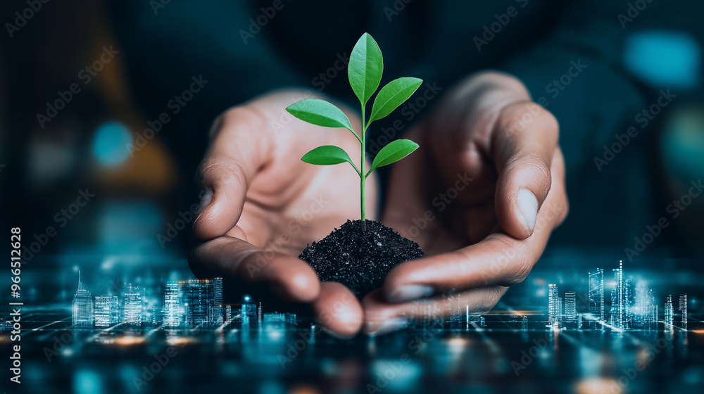 Poster hands cupping a tiny tree sprouting from a zero symbol, representing net zero emissions, with a clea