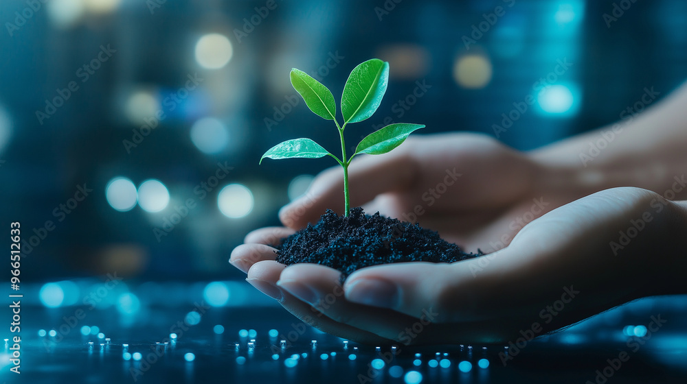 Poster hands cupping a tiny tree sprouting from a zero symbol, representing net zero emissions, with a clea