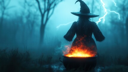 Witch with Cauldron in Foggy Forest with Lightning