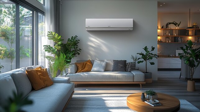 Modern living room interior with air conditioner and plants Generative AI
