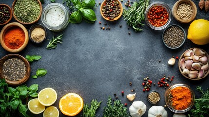 Top View of Various Colorful Spices and Herbs in Bowls on a Dark Rustic Surface